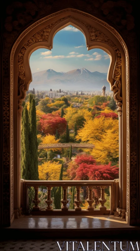 Captivating Autumn Hills View Through Arched Window in a Garden AI Image