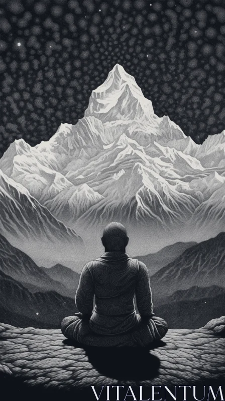 Meditating Man on Snowy Mountain - Monochrome Science Fiction Illustration AI Image