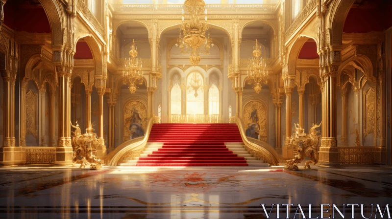Rococo Architecture: A Stunning Gold and Red Staircase in a Palace AI Image