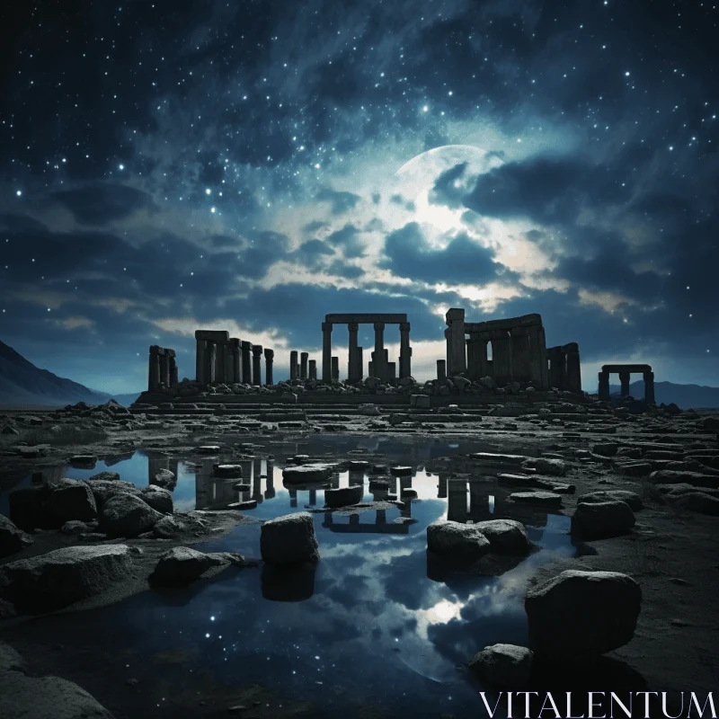 Ancient Greek Ruins Under the Night Sky | Mysterious Surrealism AI Image