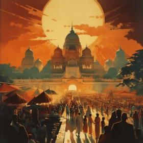 Captivating City Poster with Indian Motifs and Detailed Crowd Scenes