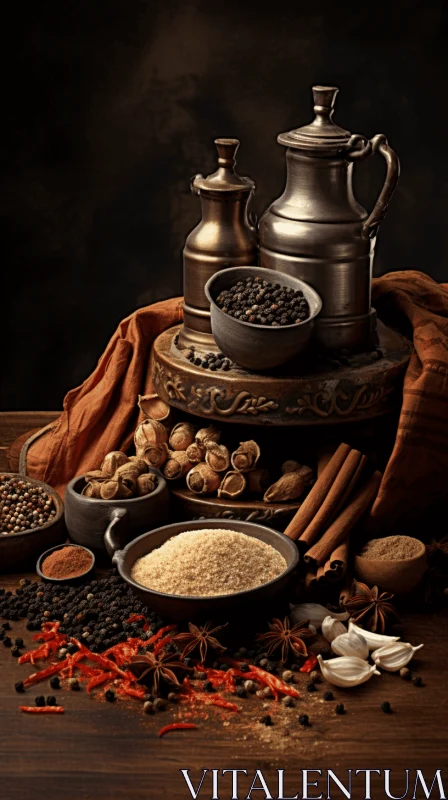 AI ART Captivating Still Life: Nuts and Spices Arranged on a Table