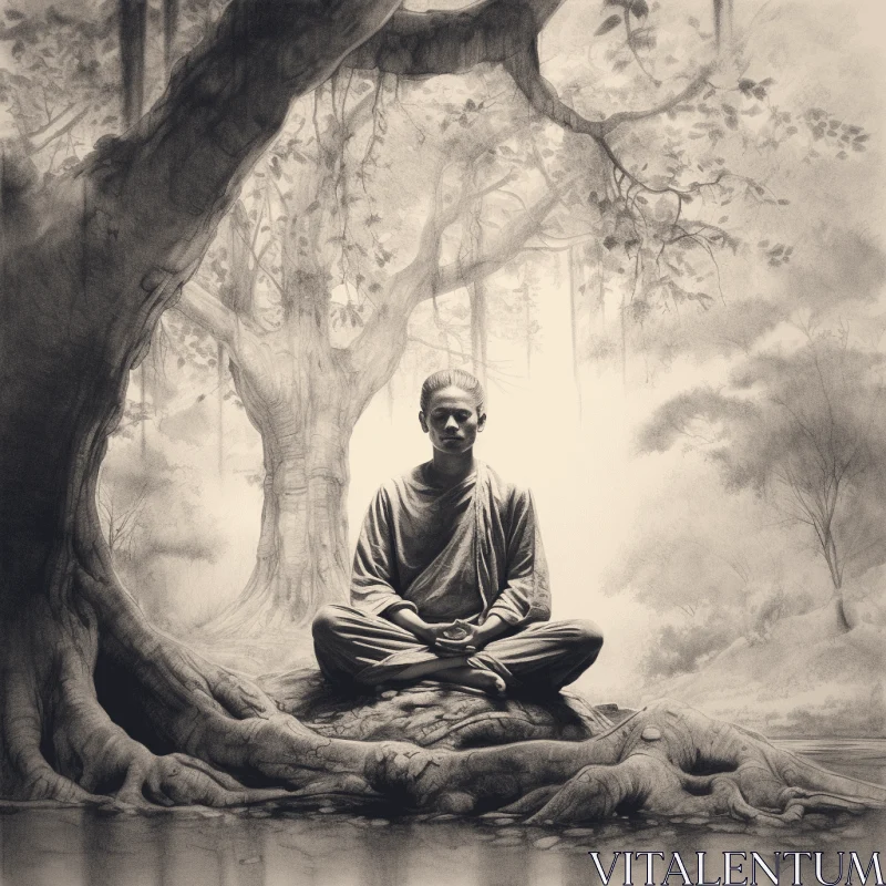 Meditating Man in Woods: Highly Detailed Realism | Monochrome Portraits AI Image