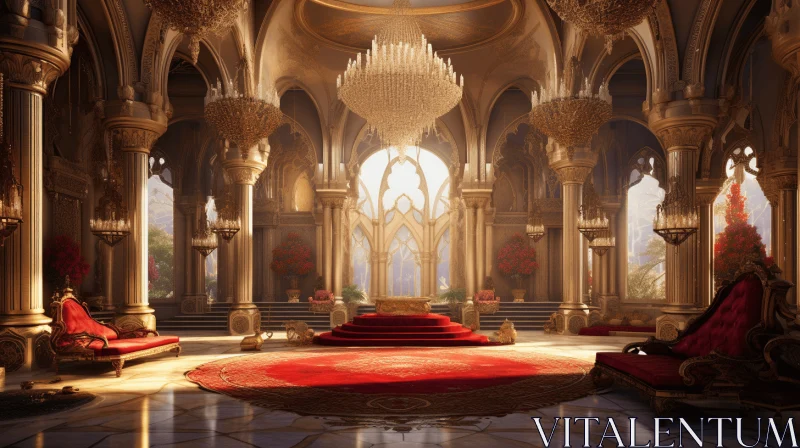 Majestic Fantasy Wallpaper for Desktop | Opulent Hall with Golden Chandeliers AI Image