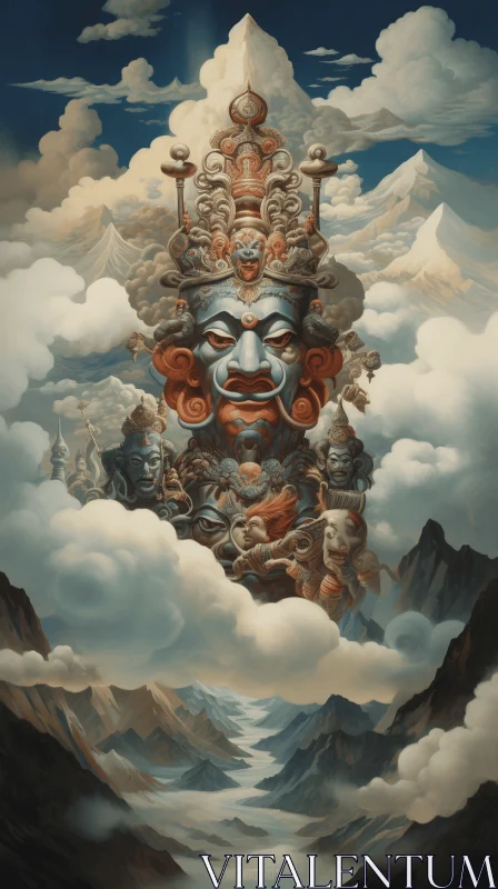 Majestic Tibetan Pagoda Emerging from the Clouds | Hyper-Detailed Portrait-Inspired Art AI Image