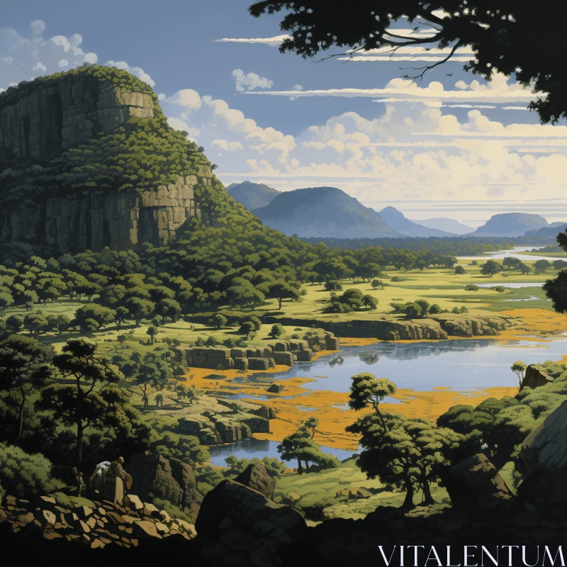 Captivating Mountain Valley Painting with African Art Influence AI Image