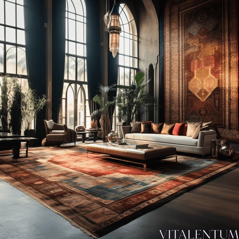Exotic Room with Large Rug | Romanesque Architecture | Industrial Elements AI Image