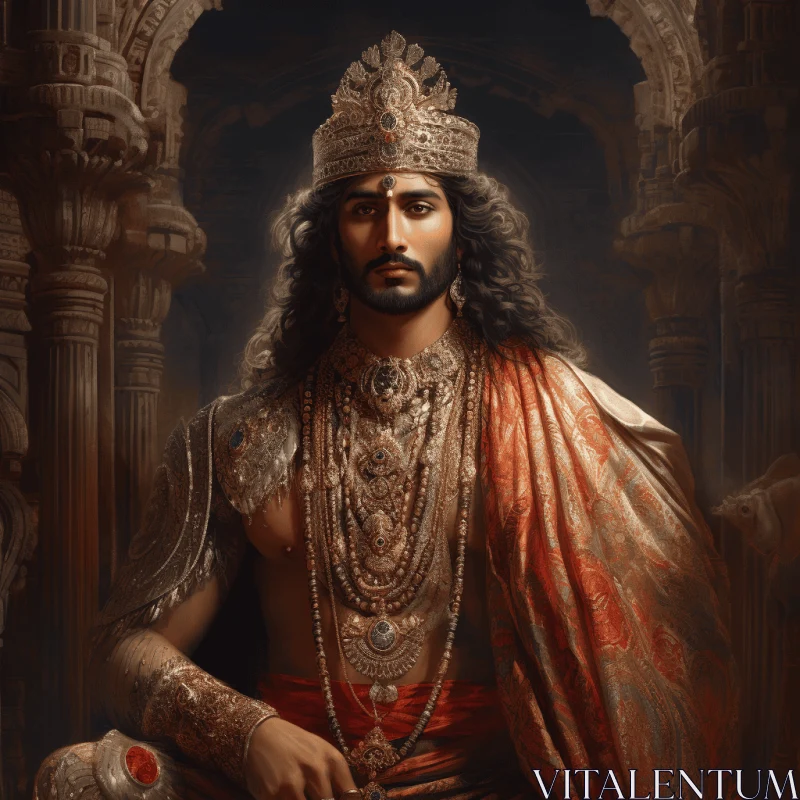 Elegant Hindu King Illustration: Intense Chiaroscuro Portraits AI Image