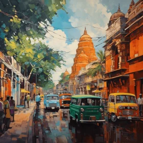 Captivating Painting of a Vibrant City Street | Hindu Art Inspired