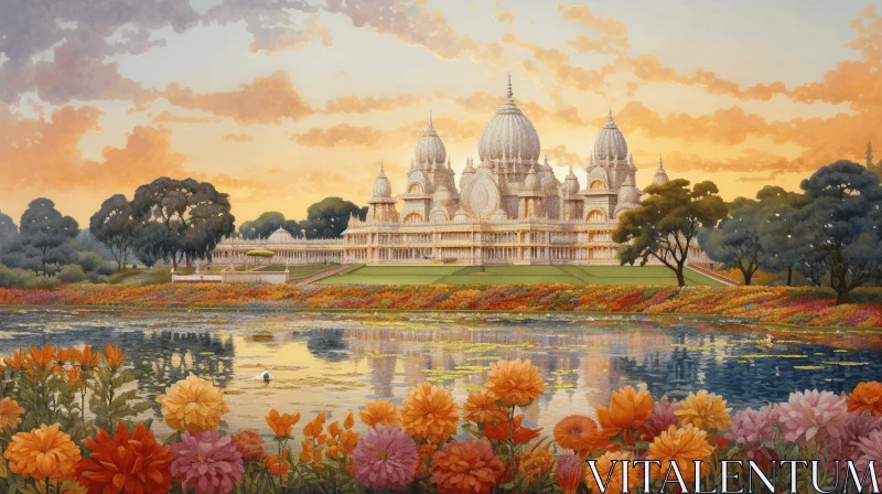 Captivating Palace with Flowers: Realistic Landscape Art AI Image