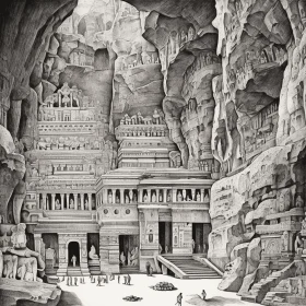 Intricate Black and White Illustration of Ancient Indian Temple in Underground Cave