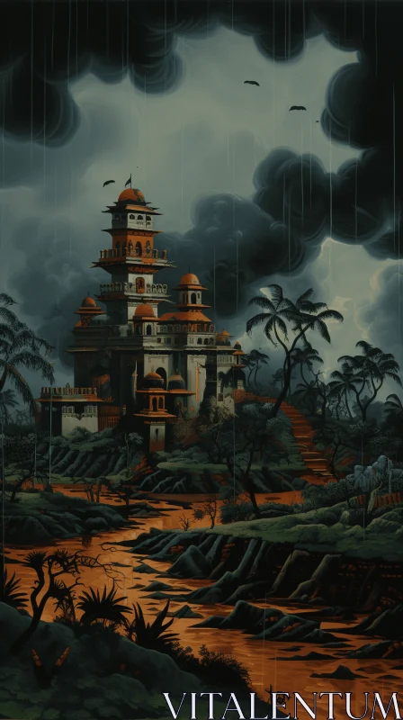 Mysterious Castle Painting in Hindu Art and Architecture Style AI Image
