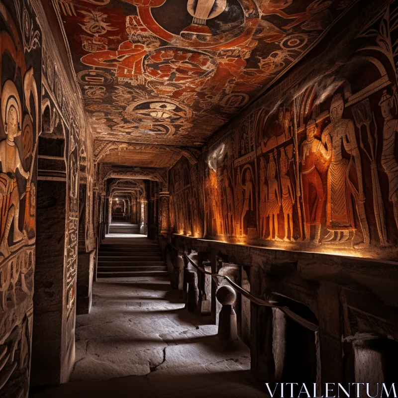 AI ART Captivating Hallway Mural: Organic Stone Carvings in Red and Black