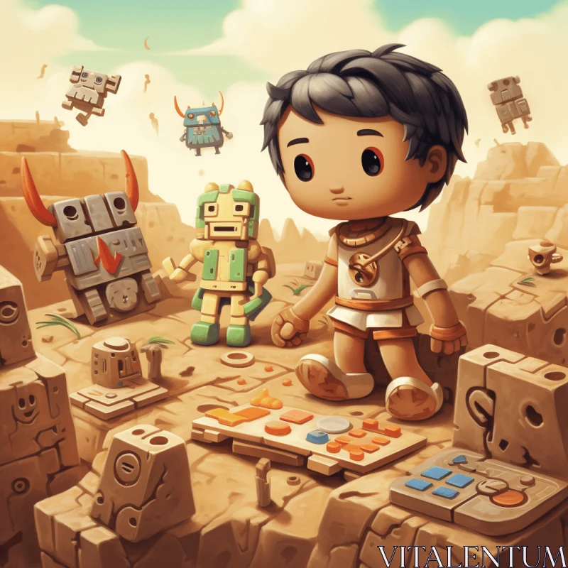 Robot and Toy Character in Earthy-Toned Aztec Style AI Image