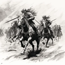 Dynamic Horsemen Running Illustration in Black and White