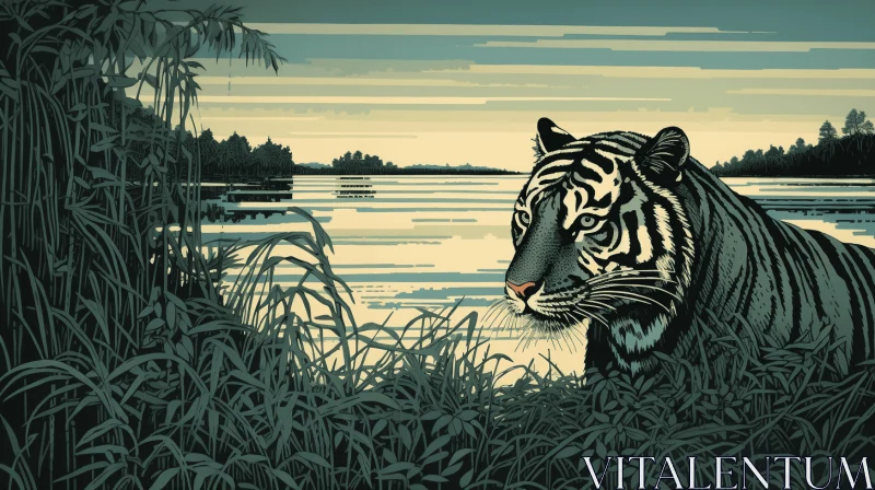 Majestic Tiger in Grass Near Water | Darkly Detailed Illustration AI Image