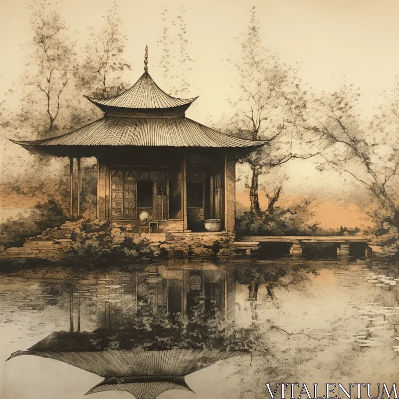 Sepia Photo of a Pagoda and Reflection | Delicate Watercolor Landscape AI Image