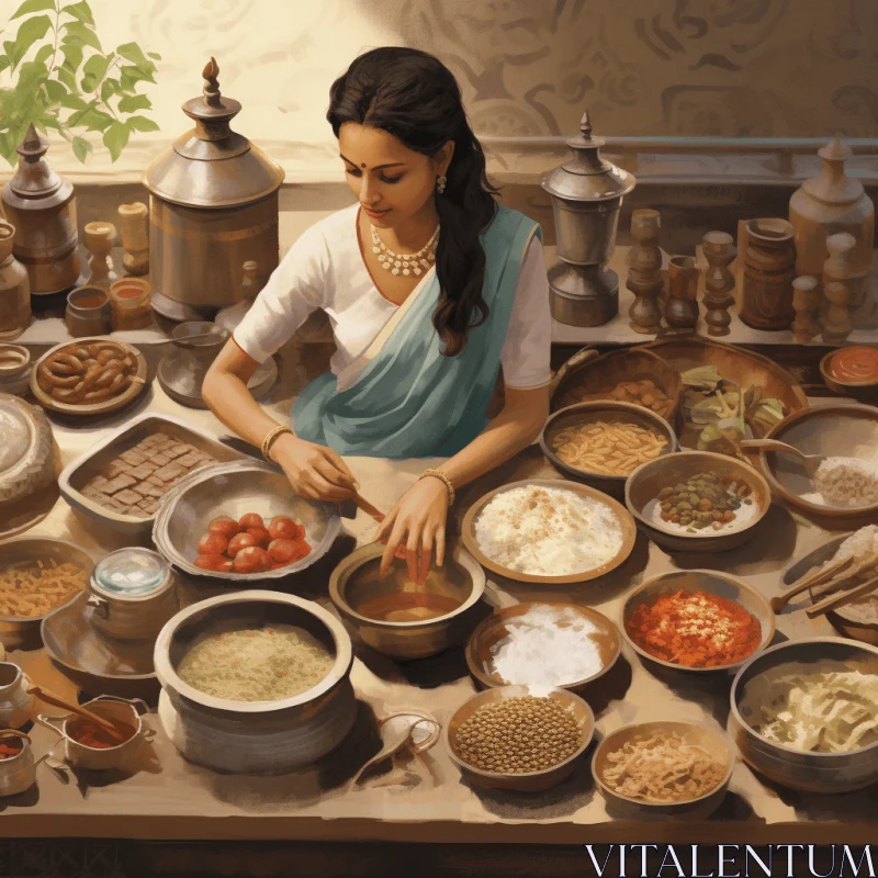 Captivating Realistic Fantasy Art: Indian Woman in Kitchen AI Image