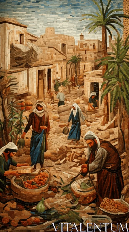 Captivating Mosaic Painting of People in a Village | Dramatic Artwork AI Image