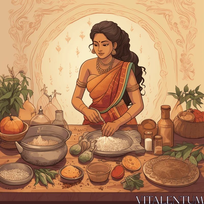 Exotic Indian Woman Preparing Food: A Captivating Illustration AI Image