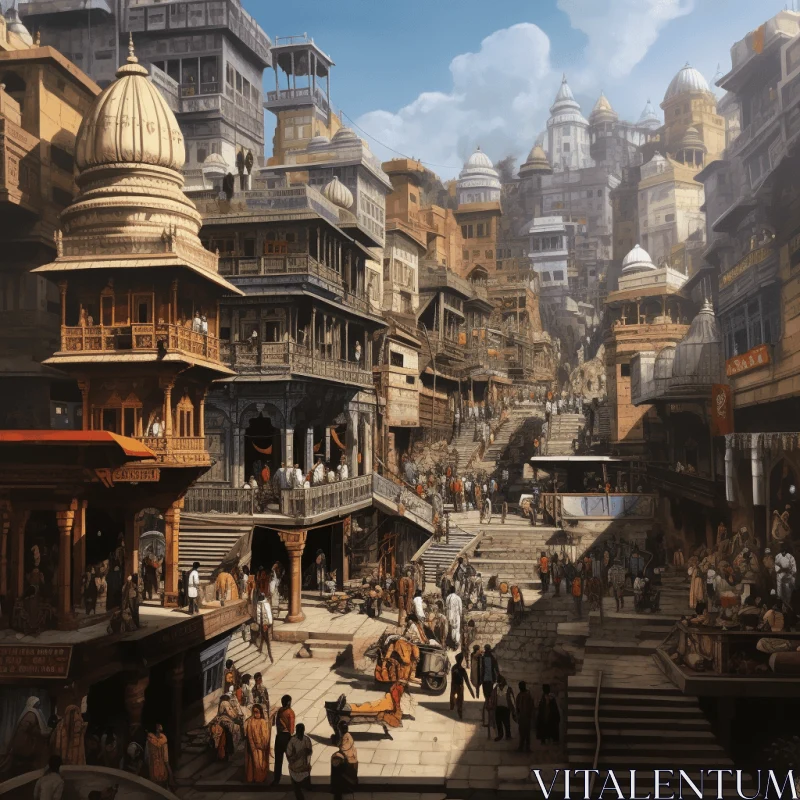 Captivating Hindu-inspired Cityscape Artwork with Multilayered Composition AI Image