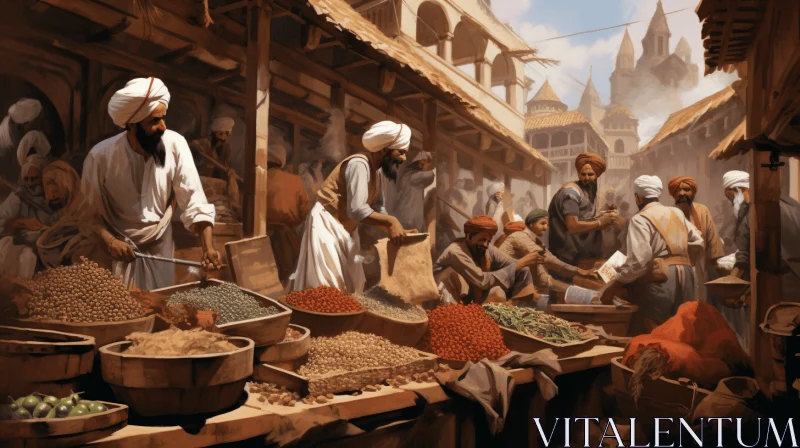 Captivating Painting of Men Selling Spices at a Market - Detailed Artwork AI Image