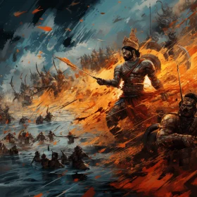 Intense Warriors Battle Painting in Dark Cyan and Orange