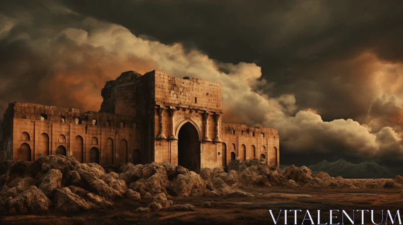 Mysterious Castle Amidst Rocky Terrain: Mesopotamian Art Inspiration AI Image