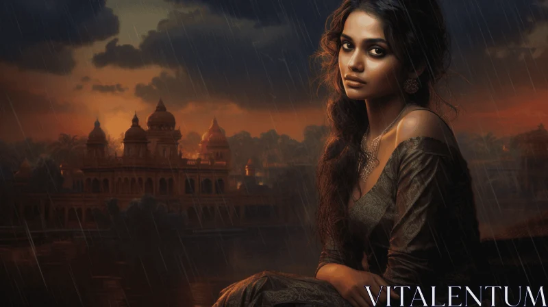 Darkly Romantic Indian Scene: A Rainy Day Near a Temple AI Image