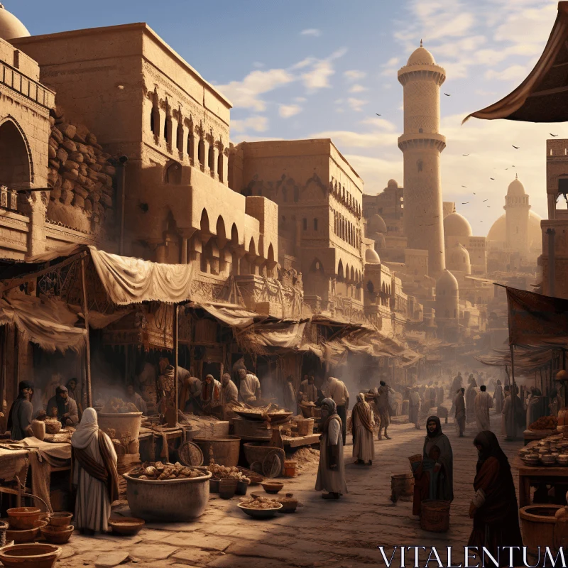 Enchanting Islamic Town Market: A Historical Matte Painting AI Image