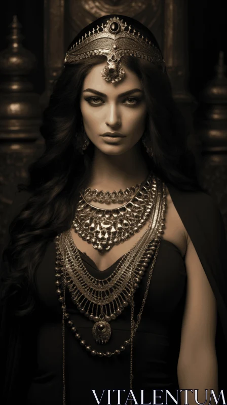Captivating Woman in Tribal Gown and Jewelry | Dark Silver and Dark Bronze Tones AI Image