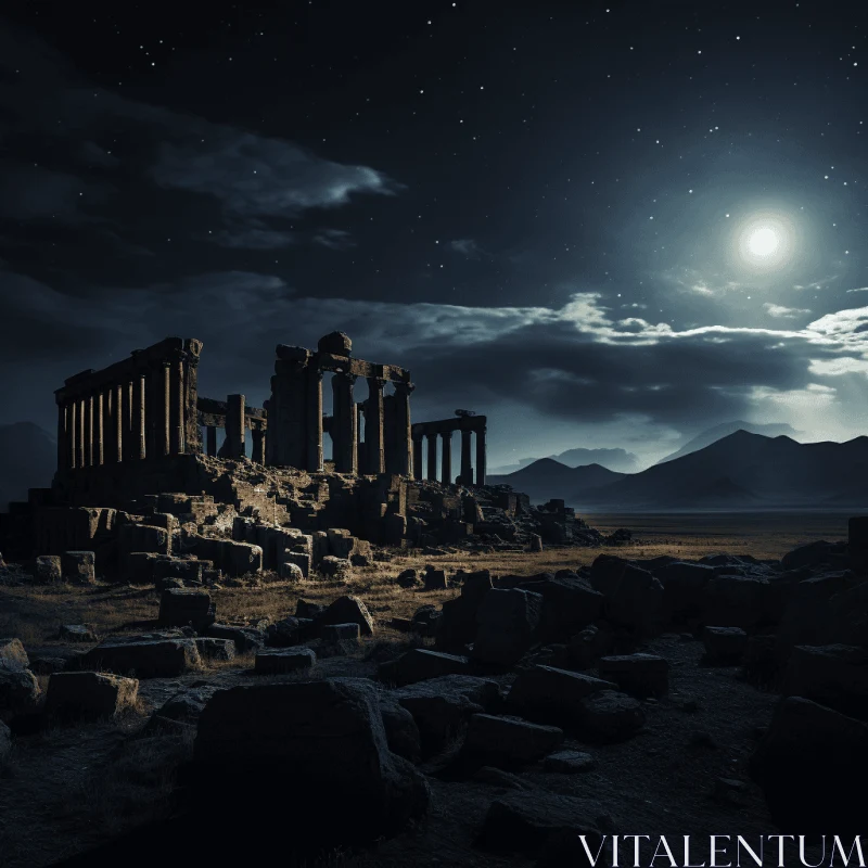 Captivating Moonlit Ruins: A Night Scene of Historical Phoenician Art AI Image