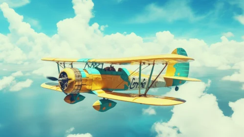 Biplane Flying in Blue Sky - High Altitude Flight