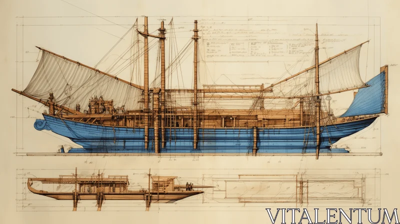 Detailed Boat Plans in Blue: A Captivating Architectural Painting AI Image