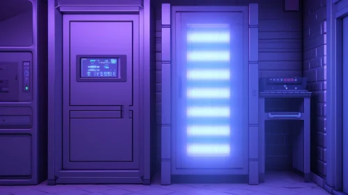 Futuristic 3D Room Rendering with Glass Door and Control Panel