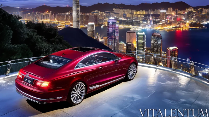 Luxury Red Car Parked on Rooftop at Night AI Image