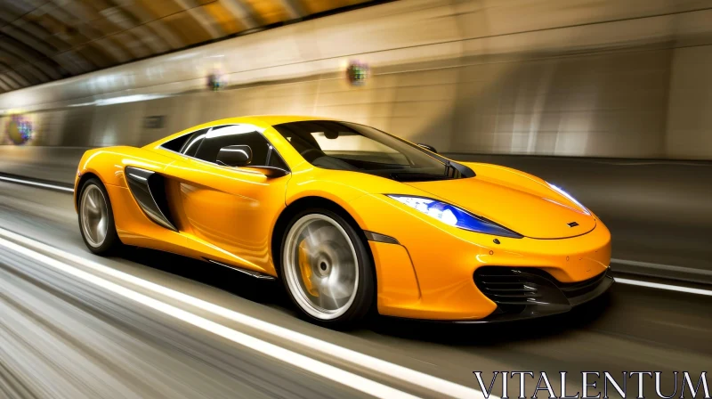AI ART Yellow Sports Car Speeding Through Tunnel