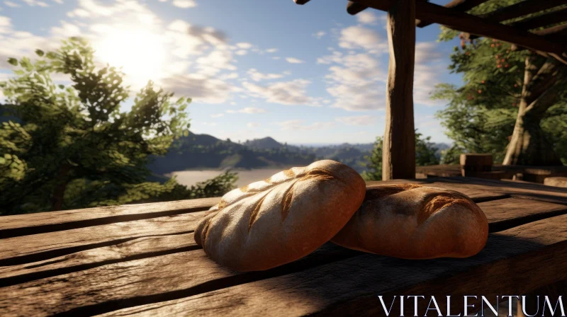 3D Rendering of Loaves of Bread on Wooden Table in a Scenic Mountain Valley AI Image