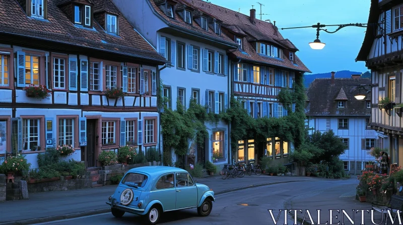Charming European Street Scene with Colorful Houses and Blue Car AI Image