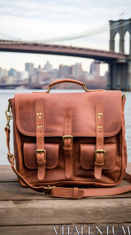 Brown Leather Bag on Wooden Railing with Brooklyn Bridge Background AI Image