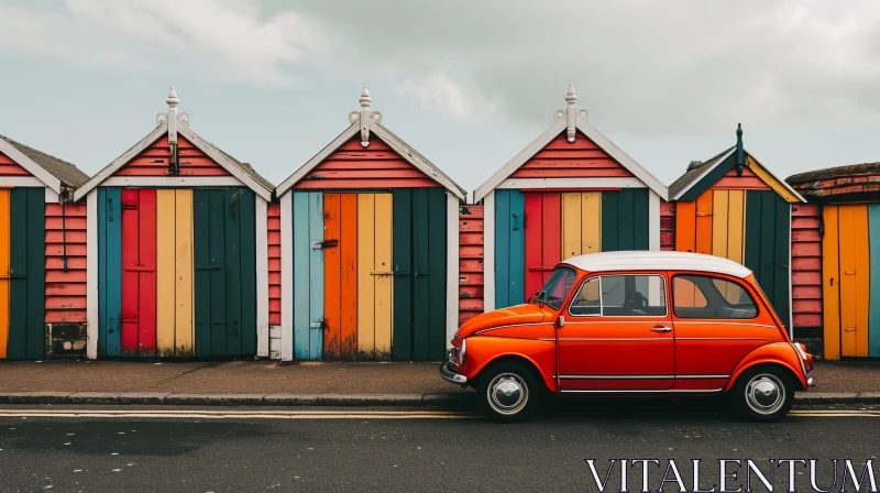 Colorful Beach Huts & Vintage Car on Pebble Beach AI Image