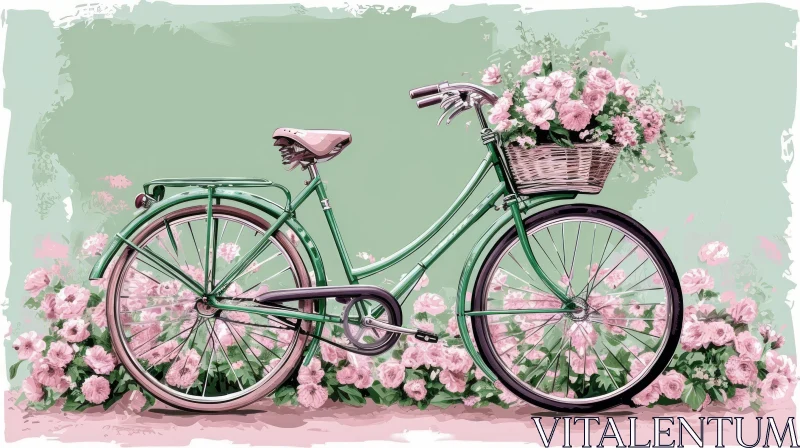 Green Bicycle with Pink Flowers in Field - Watercolor Painting AI Image
