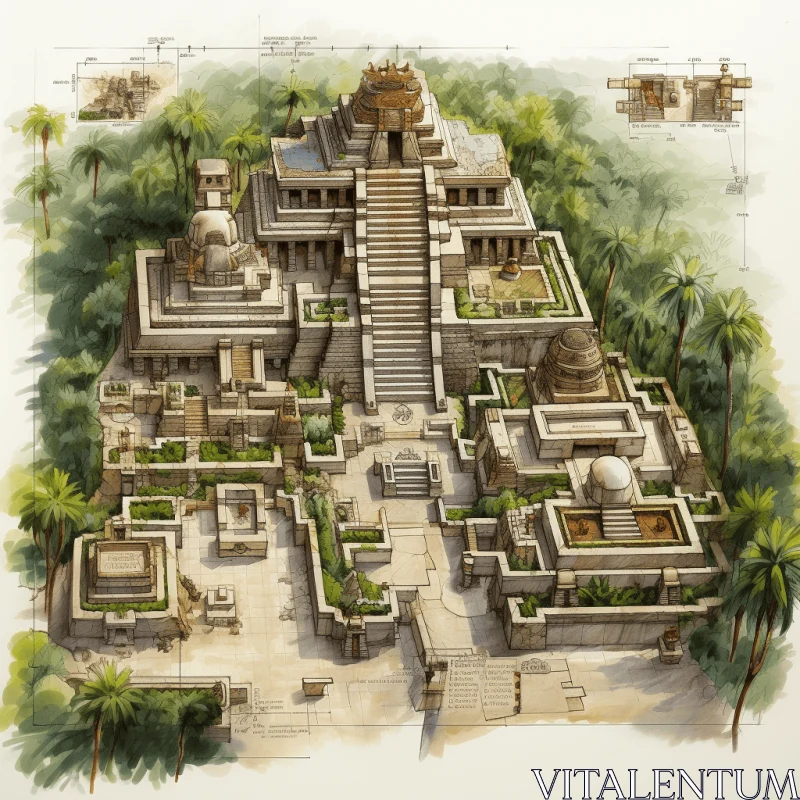 AI ART Aztec Temple Drawing | Detailed Aerial Photography | Precisionist Style