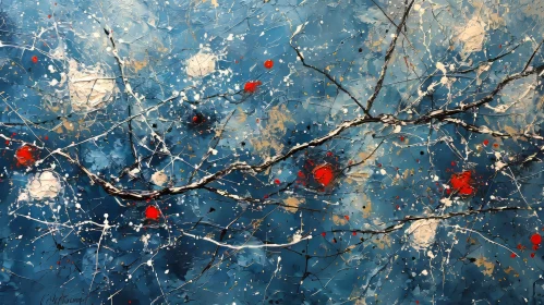 Contemporary Abstract Tree Branches Painting in Blue, White, and Red