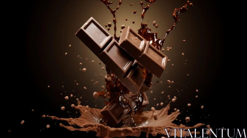 Dark Chocolate Bar Falling into Melted Chocolate Pool - 3D Illustration AI Image