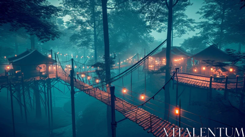 Enchanted Forest Night Scene with Tree Houses AI Image
