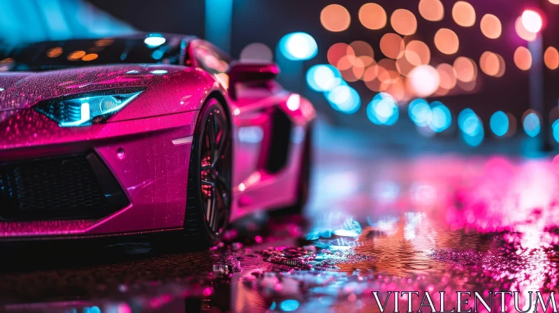 AI ART Pink Lamborghini Aventador SVJ Night City Lights Reflection