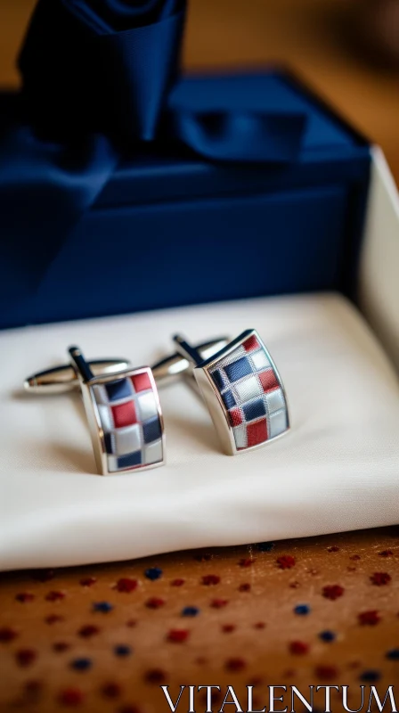 Silver Cufflinks with Checkered Pattern in Blue Box AI Image