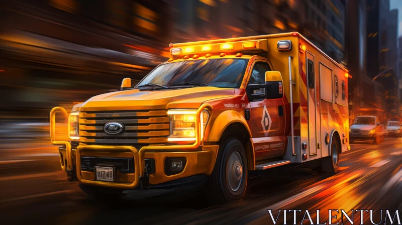 Urgent Response: Yellow and White Ambulance Speeding in the City AI Image