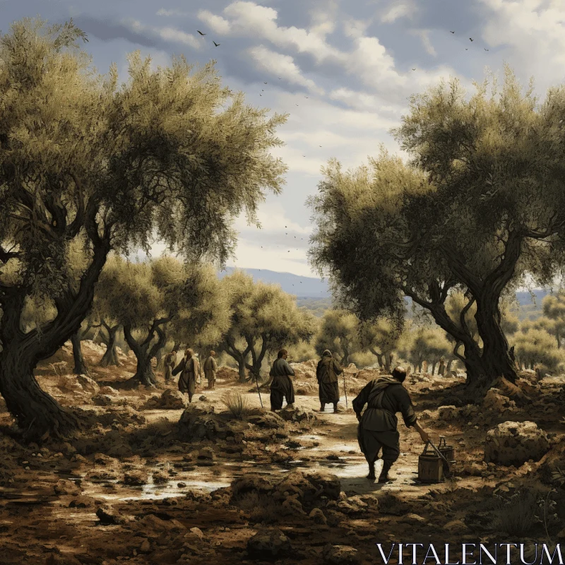 Captivating Illustration of People Walking Through Olive Trees AI Image